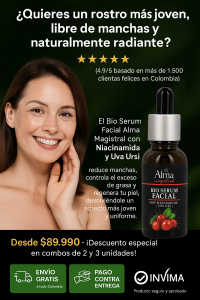 El Bio Serum Facial Alma Magistral con Niacinamida y Uva Ursi reduce manchas, controla el exceso de grasa y regenera tu piel, devolviéndole un aspecto más joven y uniforme.